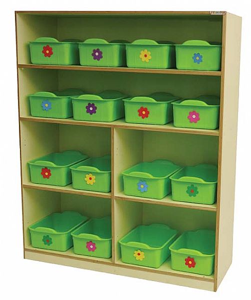 ארון פתוח עם 16 מיכלים